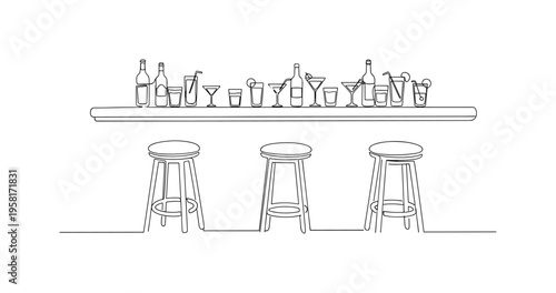 Drinks Counter. Minimalistic one-line drawing bar counter with drinks served on top and stools in front, continuous single black line on white background,