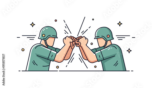 Battlefield struggle scene two soldiers in protective helmets engaged in direct physical combat, arms pushing against each other while subtle motion symbols