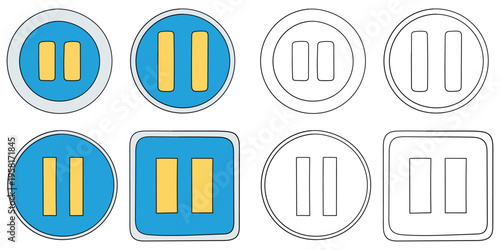 Hand-drawn cartoon and doodle set of pause buttons on a white background.