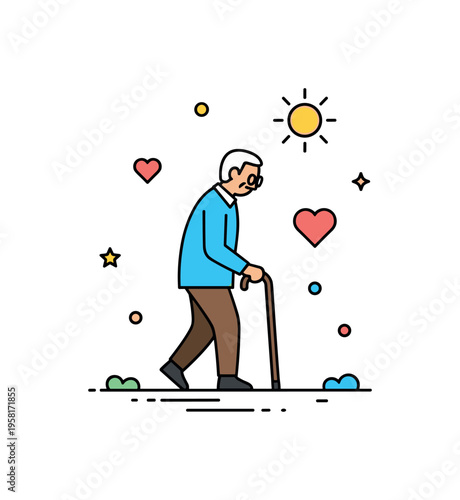 Senior wellness daily routine elderly person enjoying a calm morning walk with a cane while a small sun and heart icons highlight vitality and wellbeing.