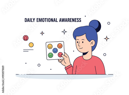 Daily emotional awareness showing a person looking at a small mood card with simple face icons representing different feelings. Soft sparkle accents emphasize