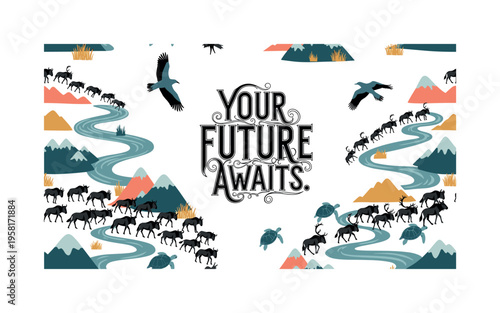 Your Future Awaits. lettering and all elements in black. Vector style. AWhite background. Pure white background. Perfect isolation and visual consistency.