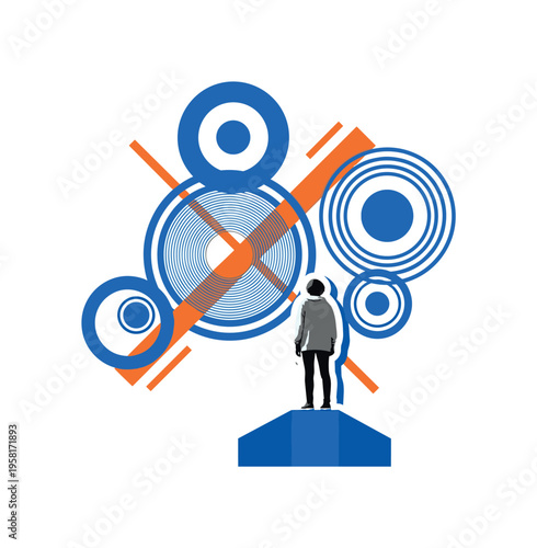 monochrome realistic young person standing on elevated platform inspiring others, white cut-out outline around the figure, overlapping circles and diagonal