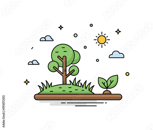 Natural land ecosystem grassy land area with a small tree, leaf icons, and gentle sun suggesting healthy natural environments and ecological balance. The