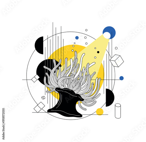 conceptual marine life composition with sea anemone tentacles flowing upward like organic lines, black and white cut-out with white contour outline, bold