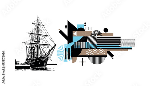 historical ship docked at port abstract circles lines and geometric shapes representing maritime heritage black and white retro ship object with white outline
