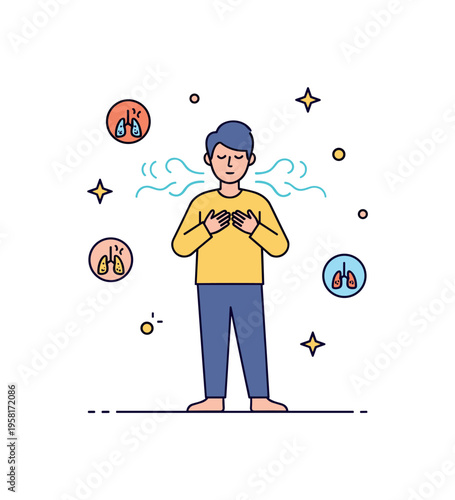 Deep breathing during stress a calm person standing with eyes closed and hands on chest while soft airflow lines and small calming icons illustrate slow