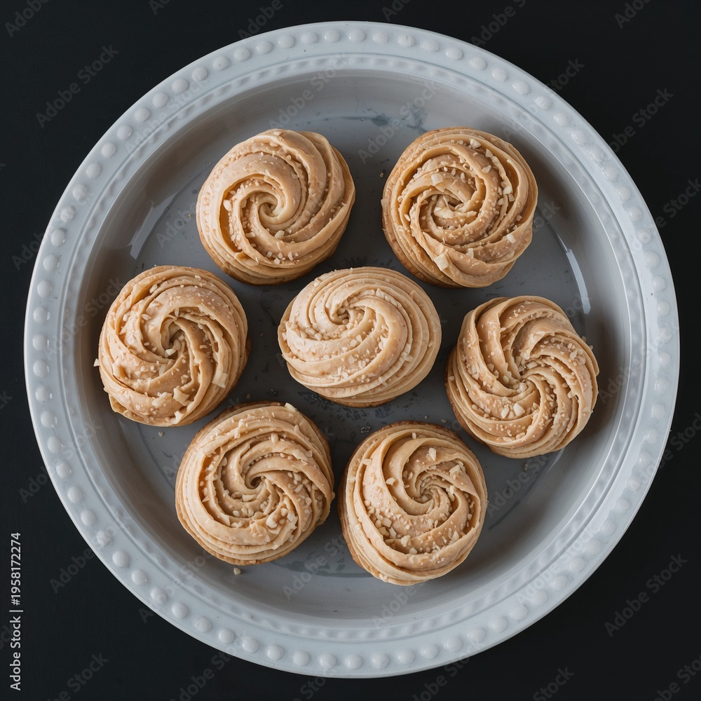 Fototapeta premium Round butter cookies arranged on white plate top view