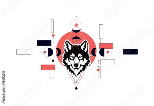 conceptual werewolf symbol collage with a black and white wolf head surrounded by geometric moon shapes, white cut-out outline effect around the head, bold