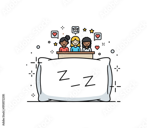 Sleeping pillow with gentle folds and soft highlights on a minimalist bed, accompanied by tiny decorative dots to emphasize comfort, rest, and relaxation.