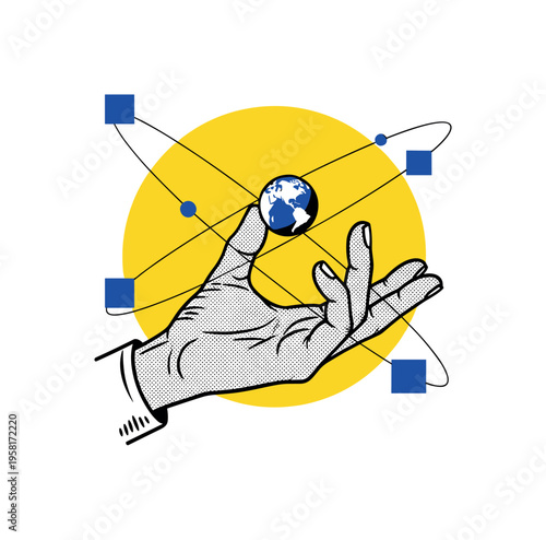 Conceptual fictional universe theme with black-and-white retro hand holding a miniature floating planet, bold yellow circular halo behind, cobalt blocks and