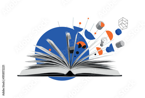black and white open book with pages spreading outward like knowledge waves, cut-out photo style with white outline effect, bold blue circle behind the book