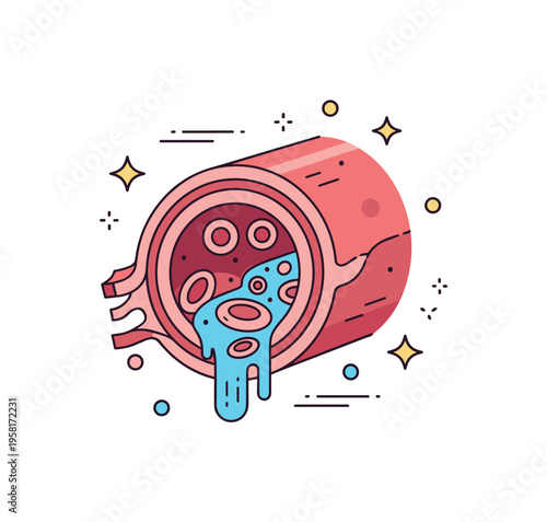 Blood vessel structure detail shown through a cross section of an artery with layered walls and flowing cells inside, expressing anatomical structure and