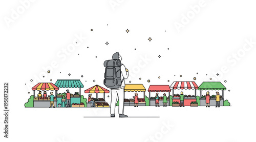 Backpacker Under Starry Sky. Minimalistic one-line drawing traveler with backpack looking up at stars during a nighttime wilderness journey, continuous single