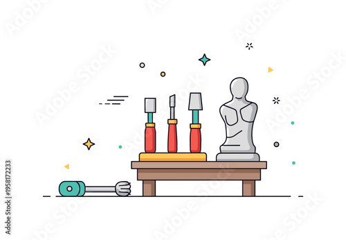 Workshop scene sculptor tools resting on a simple workbench beside a small unfinished statue piece, reflecting the quiet and focused environment of a creative