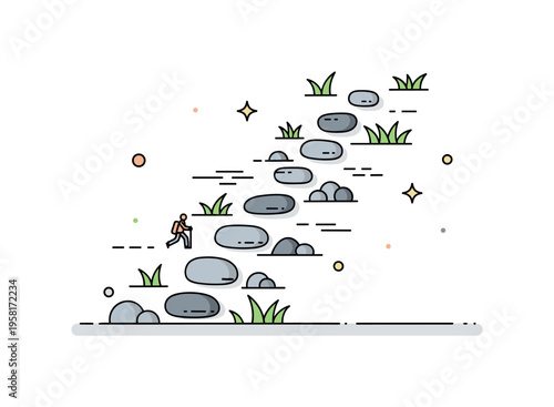 Trail of stones across a minimal grassy area with small decorative rocks and subtle motion lines, conveying calm walking, outdoor leisure, and nature