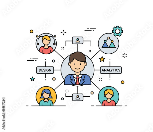 Cross functional team management featuring a central project manager icon connecting design, development, and analytics symbols through a shared workflow