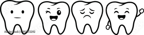 four cartoon teeth with different facial expressions