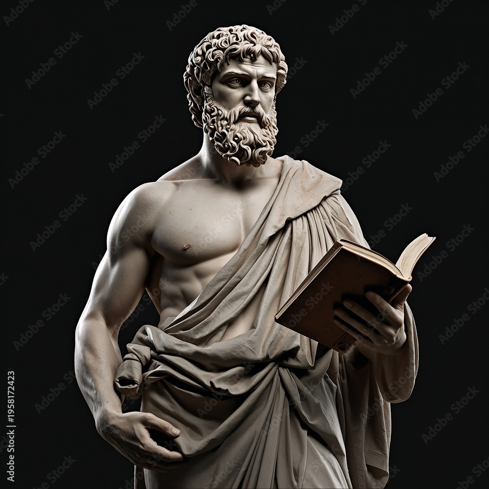 Fototapeta premium Ancient marble statue of bearded man reading book on dark background