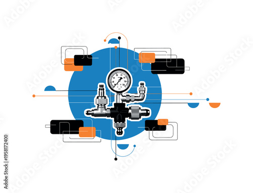 portable plumbing pressure tester tool kit with gauge and connectors, black and white cut-out objects with white outline effect, large blue circle background