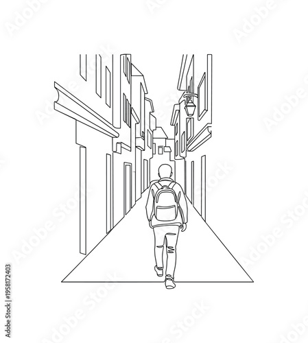 Urban Exploration. Minimalistic one-line drawing person exploring narrow streets and alleys of a foreign city, continuous single black line on white