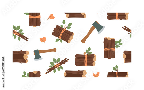 Gathering firewood in the forest seamless pattern, bundles of sticks, small axes, tied branches and leaves arranged in a repeating pattern, white background