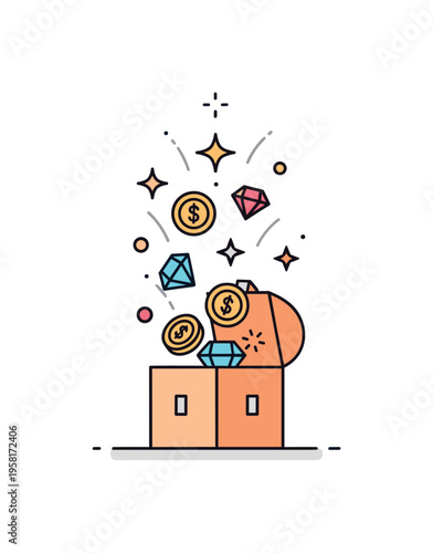 Random reward system a small treasure box opening with stylized coins gems and star sparkles rising upward, symbolizing mystery prizes and chance mechanics in