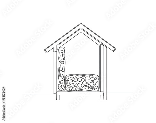 Fungal Insulation Material. Minimalistic one-line drawing insulating block made from mycelium placed inside a house wall cross-section, continuous single black