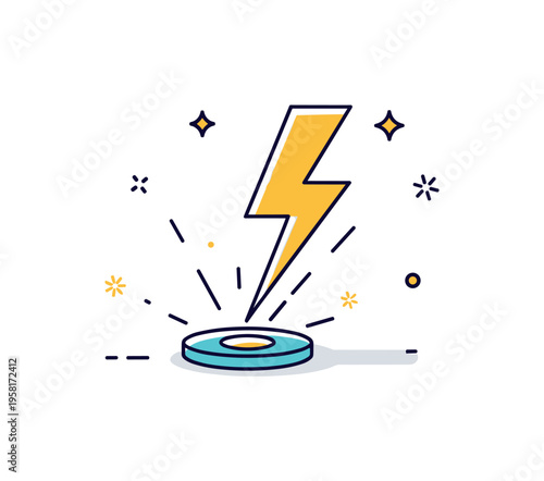 Lightning element energetic bolt symbol striking into a small circular energy core while tiny sparks radiate outward. The composition captures electricity,