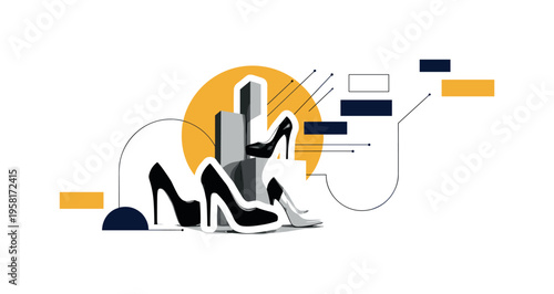 conceptual runway inspired collage with black and white high heel shoes arranged like architectural forms, white cut-out outline around the objects, bold