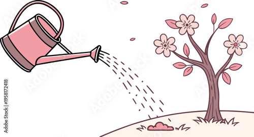 Pink watering can pouring water on a blooming cherry blossom tree vector illustration representing growth, spring gardening, and environmental care on white background