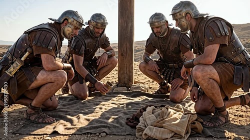Roman soldiers sitting at the foot of the cross casting dice for a tunic