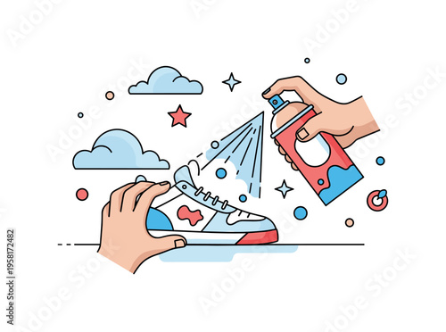 Painting sneakers with spray art hand holding a spray can aimed at a sneaker while soft paint clouds and star accents illustrate the moment of creative