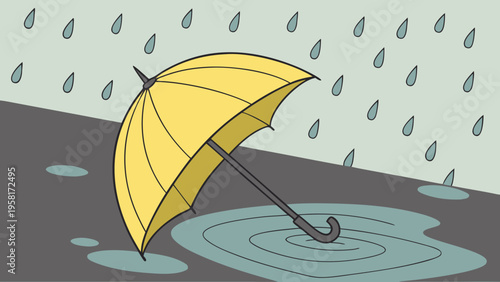 Yellow umbrella lying in a water puddle on a rainy street in this minimalist flat vector illustration depicting bad weather and protection.