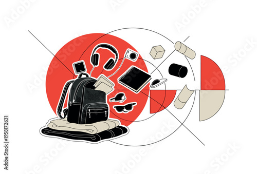 messy backpack spilling objects like headphones notebook and clothes, black and white cut-out items with white contour outline, large red circle behind the
