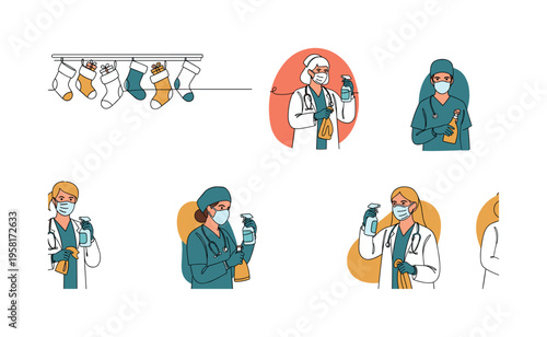 hospital infection prevention seamless pattern, doctors and nurses using sanitizer gloves masks and cleaning sprays arranged in a repeating pattern, white