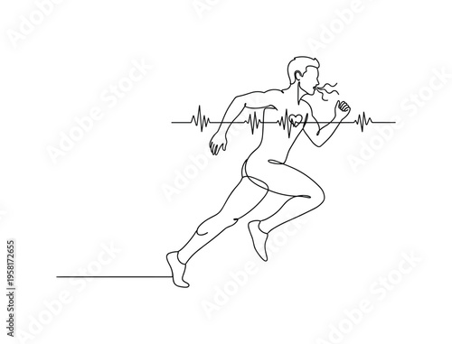 Workout Physiology. Minimalistic one-line drawing runner sprinting with lines indicating increased heartbeat and respiration, continuous single black line on