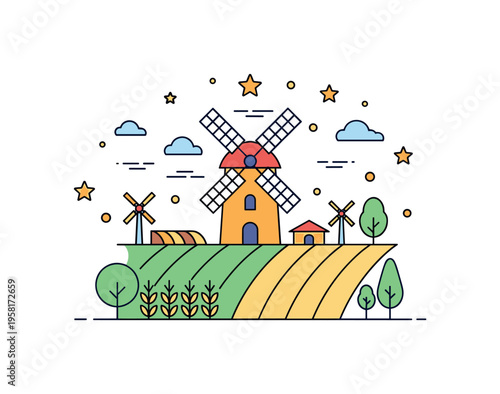 Farm windmill in a farm landscape with fields and trees representing traditional agriculture, energy, and rural scenery. Decorative stars and tiny windmill and
