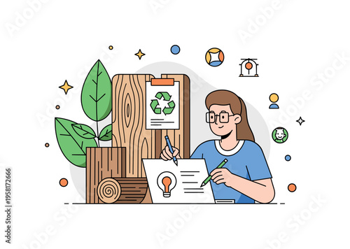 Eco conscious creative process designer sketching ideas beside natural materials like wood samples and plant leaves. Illustration symbolizing the blend of