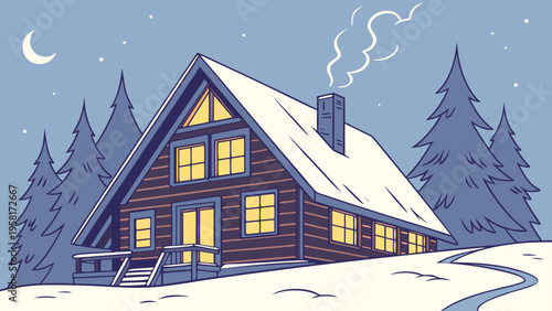 Winter cabin illustration featuring a cozy wooden chalet with glowing windows and snow covered roof nestled in a pine forest at night.