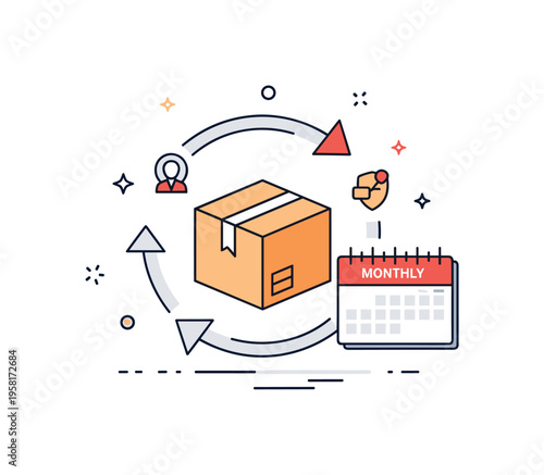 Subscription based business models illustrated by a simple product box with circular arrows around it and a small calendar labeled ?Monthly?. The visual
