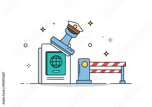 Border control passport inspection scene with an officer stamp icon pressing onto a passport page while a small barrier gate stands nearby. The composition