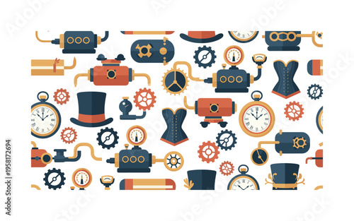 Victorian steampunk adventure seamless pattern, gears, steam-powered devices, pocket watches, clocks, top hats and corsets arranged in a repeating pattern,