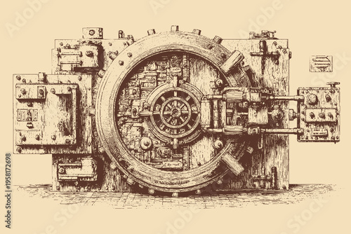 Detailed vector illustration of a bank vault door.