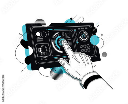 human hand pressing touch screen on control panel abstract circles lines and geometric shapes representing interactive interface black and white retro hand and