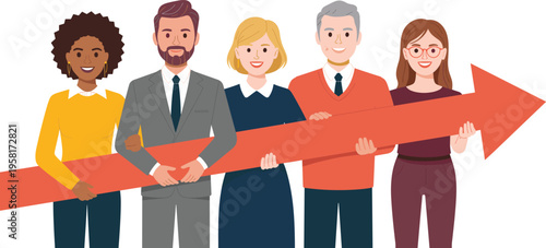 Diverse business team holding a large red arrow pointing right symbolizing corporate growth success and strategic financial direction.