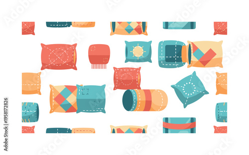 cozy home textiles quilts pillows fabric patches and stitching details illustrated as warm decorative icons, flat vector friendly shapes, saturated clean