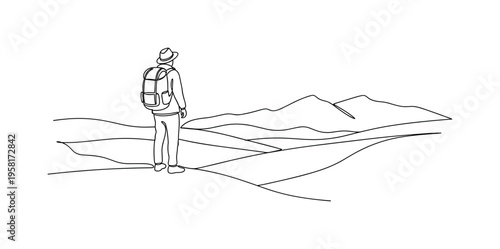 Backpacker Adventure. Minimalistic one-line drawing traveler with a hat and backpack observing a new landscape, continuous single black line on white