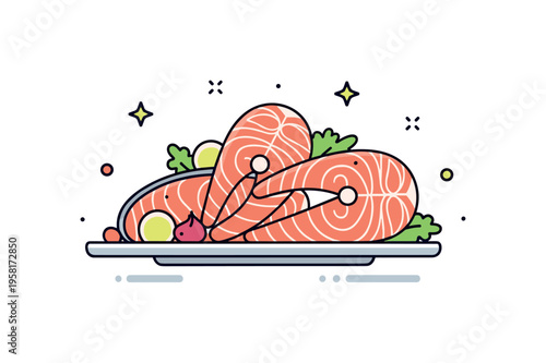 Raw salmon fish slices arranged on a plate with subtle garnish accents suggesting freshness and quality seafood preparation. The scene expresses culinary