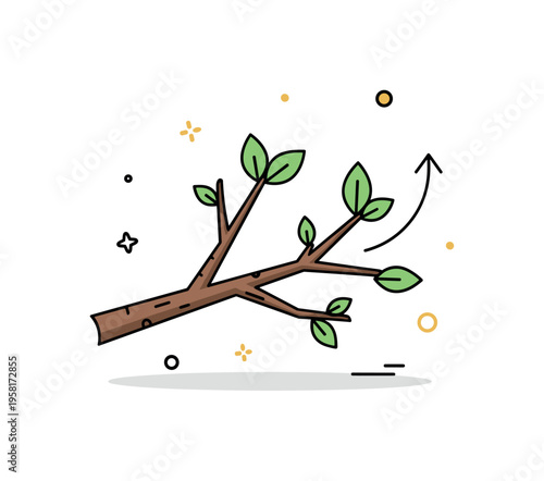 Spring leaf emergence bare branch sprouting small fresh leaves with subtle upward growth arrow accent. A clean concept badge about renewal and ecological